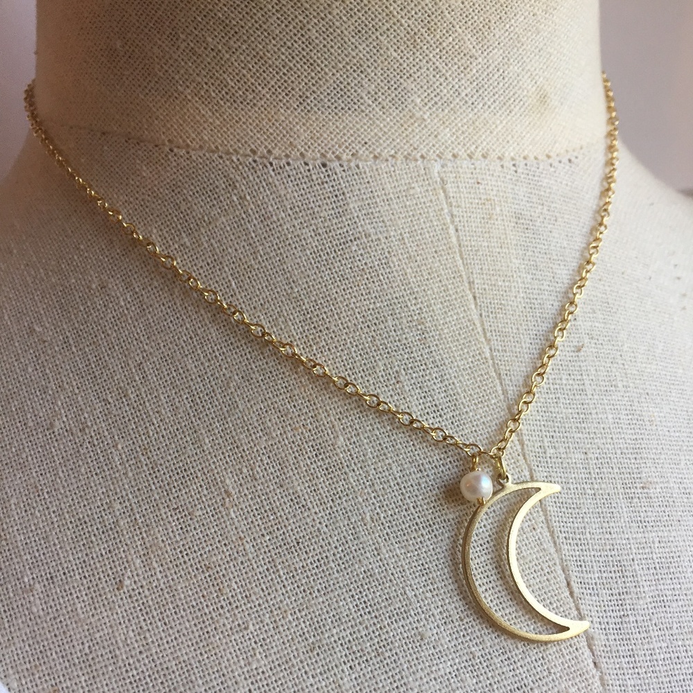 Fresh Water Pearl & Brass Moon Necklace